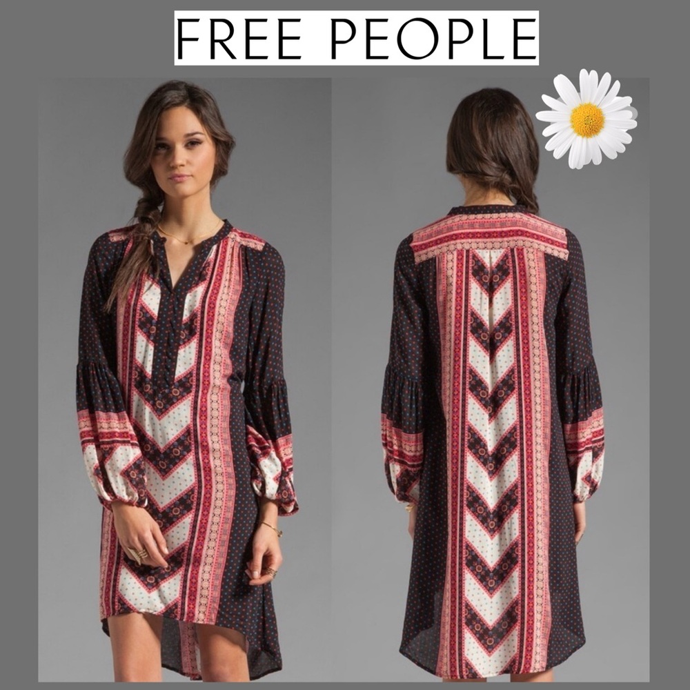 Free People Peacemaker Long Sleeve Shift Dress in Black Red and White